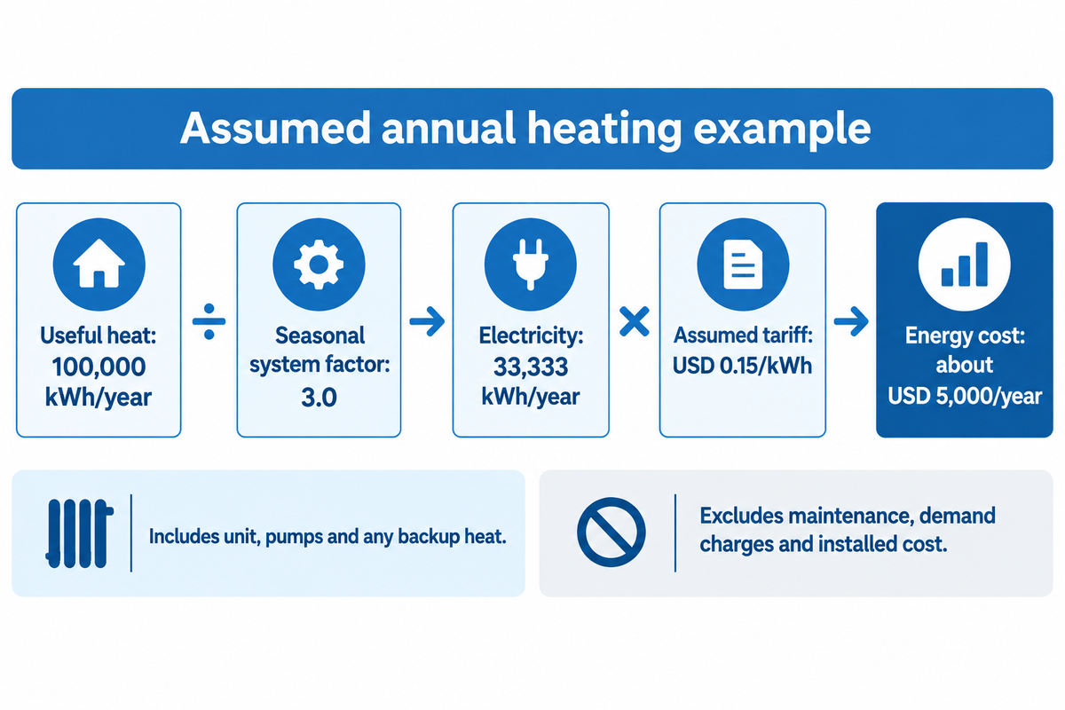 Assumed annual heating inputs produce about USD 5,000 energy cost; capital and demand costs excluded - guide model.