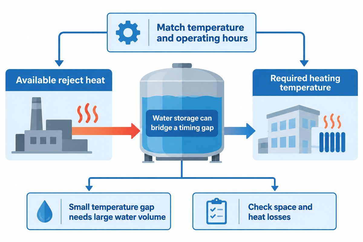 Recoverable heat must match demand temperature and timing; storage needs space and loss checks - guide synthesis.